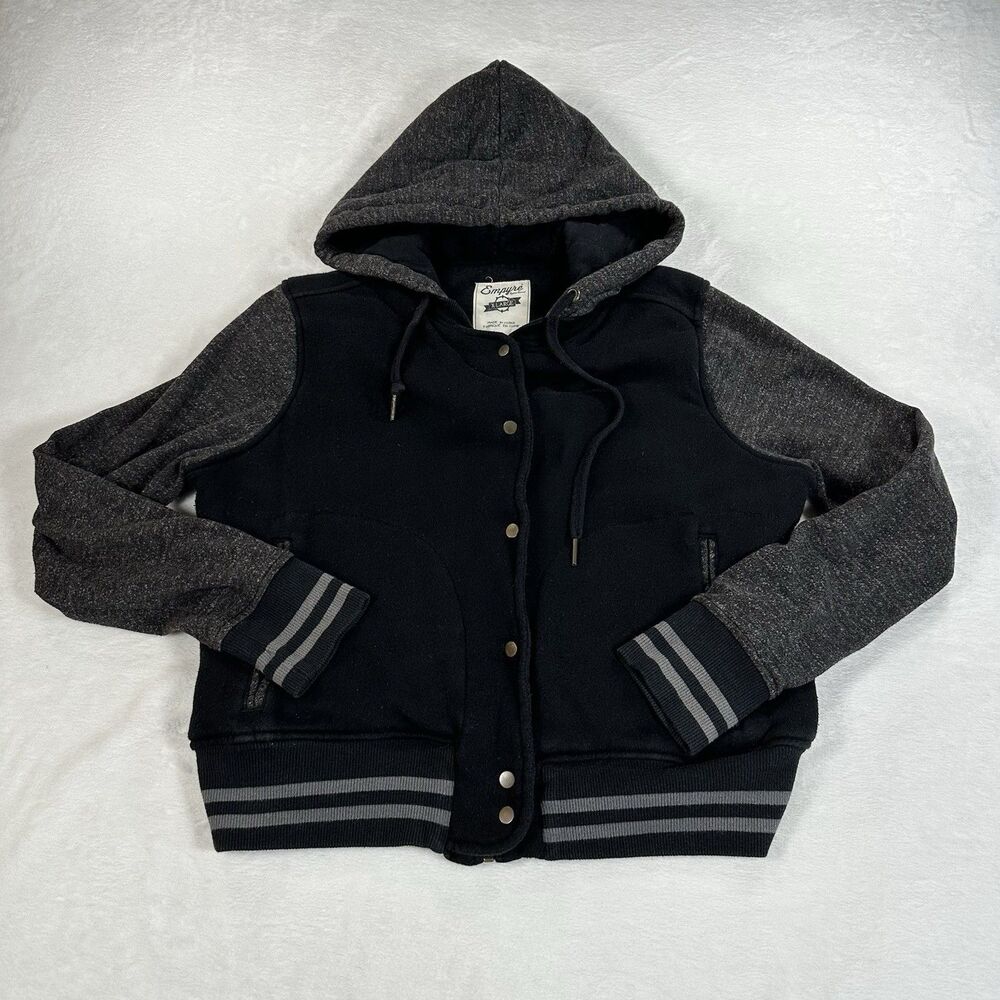 Empyre Hooded Varsity Jacket XL Black Gray Snap Button Streetwear Quilted Lined